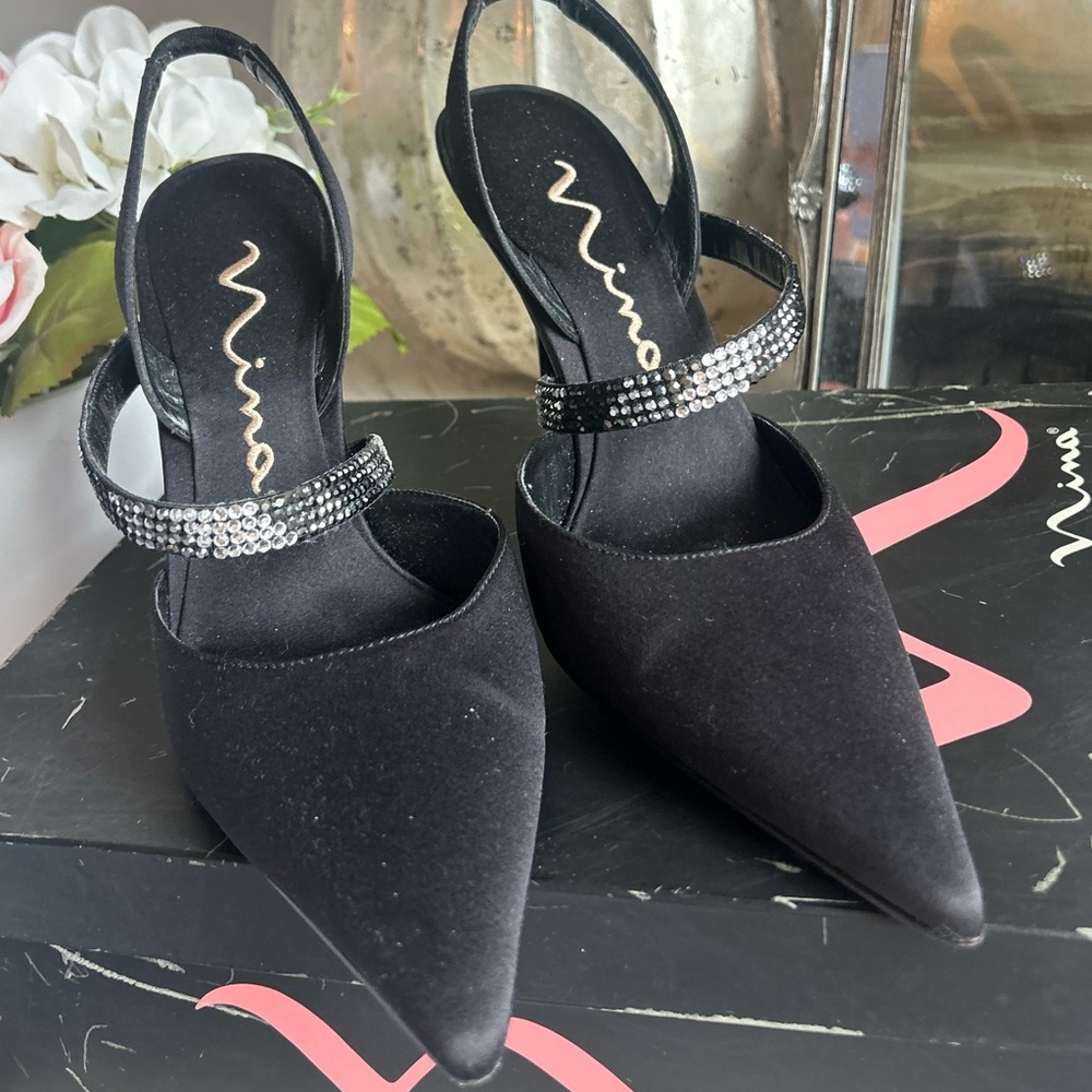 Nina Viliana Black Satin Heels with Rhinestone Strap worn 1 X  Sz 8  $160